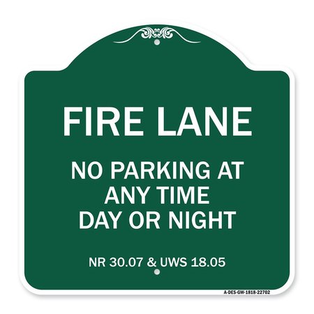 SIGNMISSION Wisconsin Fire Lane No Parking Anytime Day or Night, Green & White Alum, 18" x 18", GW-1818-22702 A-DES-GW-1818-22702